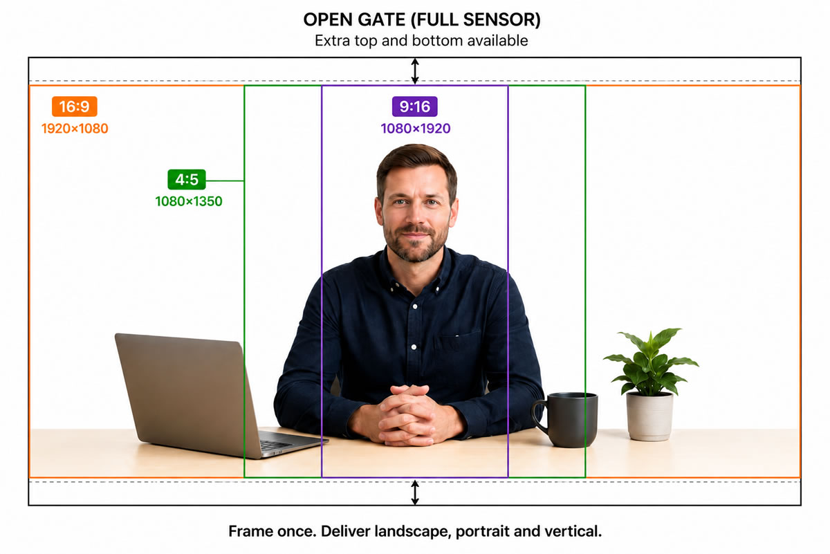 Open gate video recording with framing guides